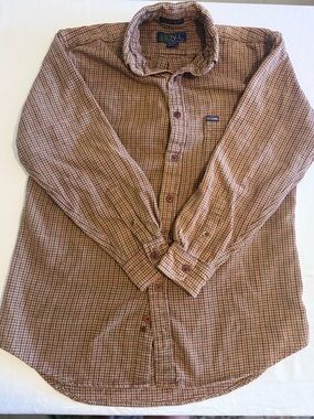 Men's Old School Brown Check Flannel Long-Sleeve Button-Up Shirt Sz Medium